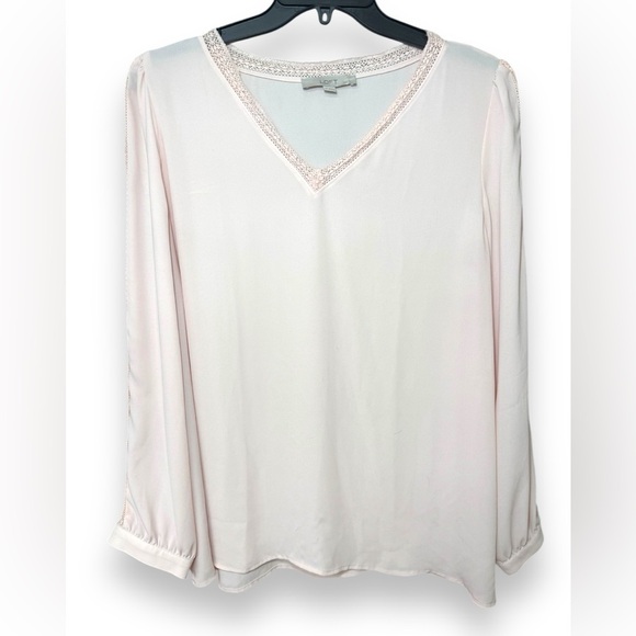 Ann Taylor LOFT Pink Sheer V-Neck Lace Trim Long Sleeve Top | Women’s Size XXL - Picture 1 of 8